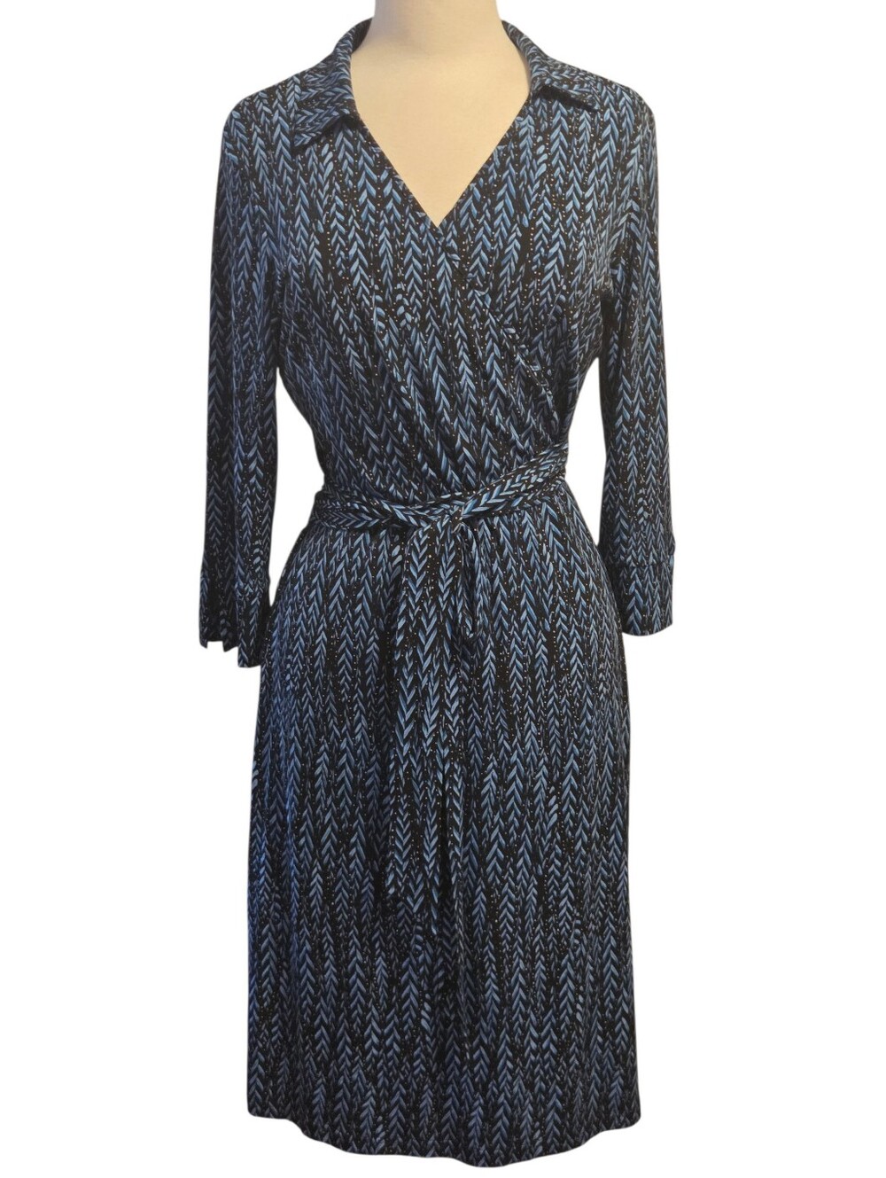 Attention Women's Blue Patterned Wrap Dress with Tie Waist Size M